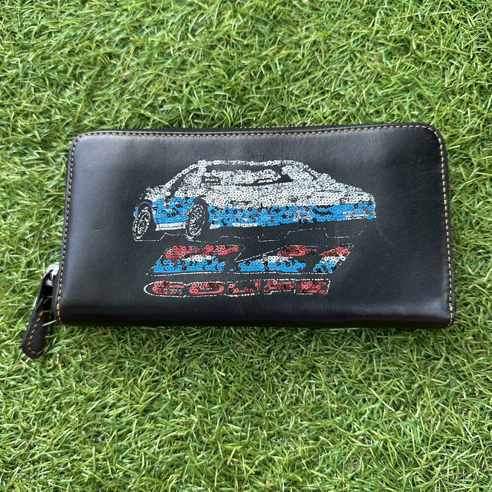 Coach Wallet Coupe Car Accordion Leather Zip Around Clutch Black Sequin - Picture 1 of 9